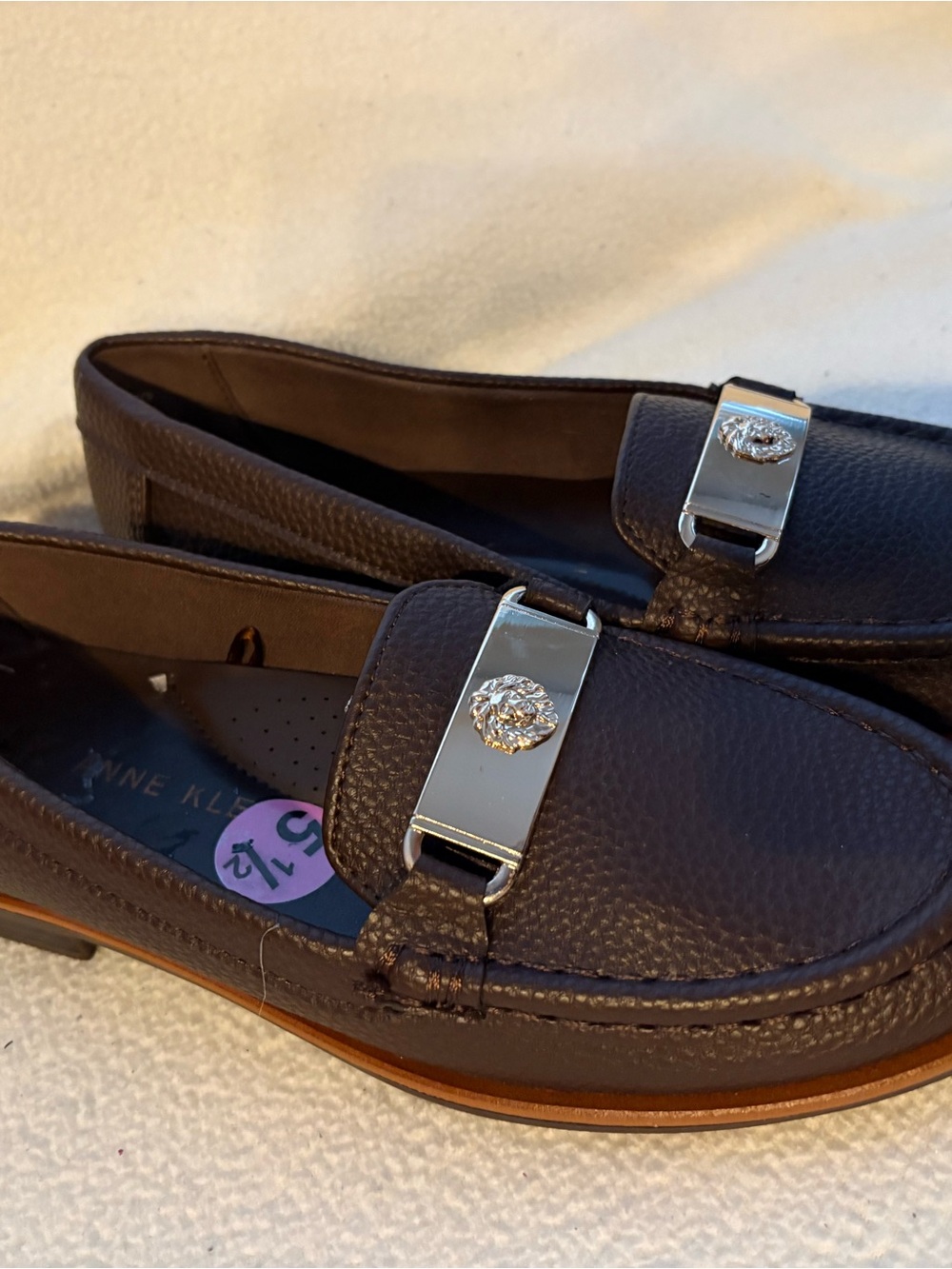 Anne Klein Dark Brown Leather Moccasin Loafers with Silver Accent